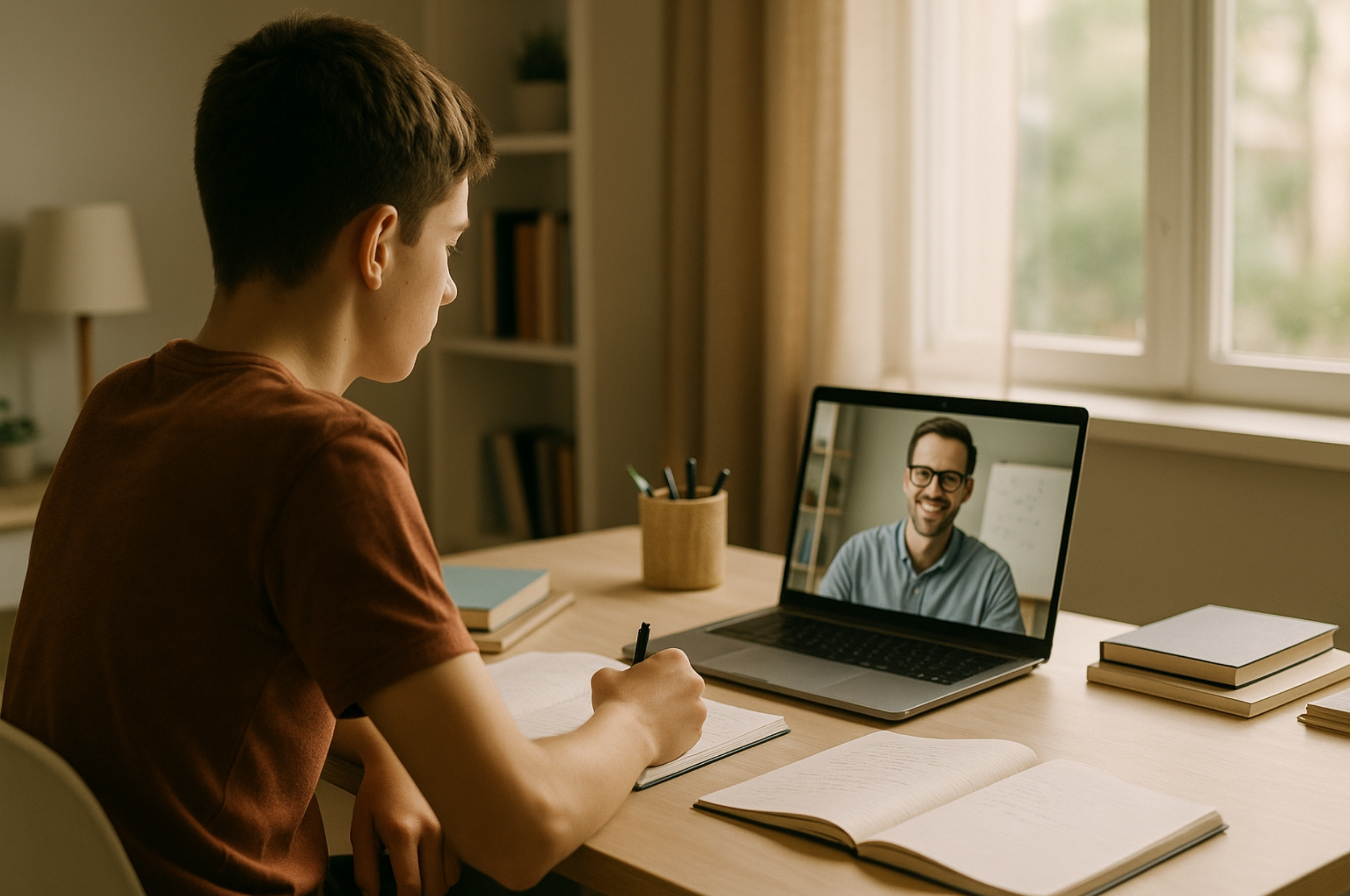 Tutor helping student during a private in-home tutoring session in the U.S.