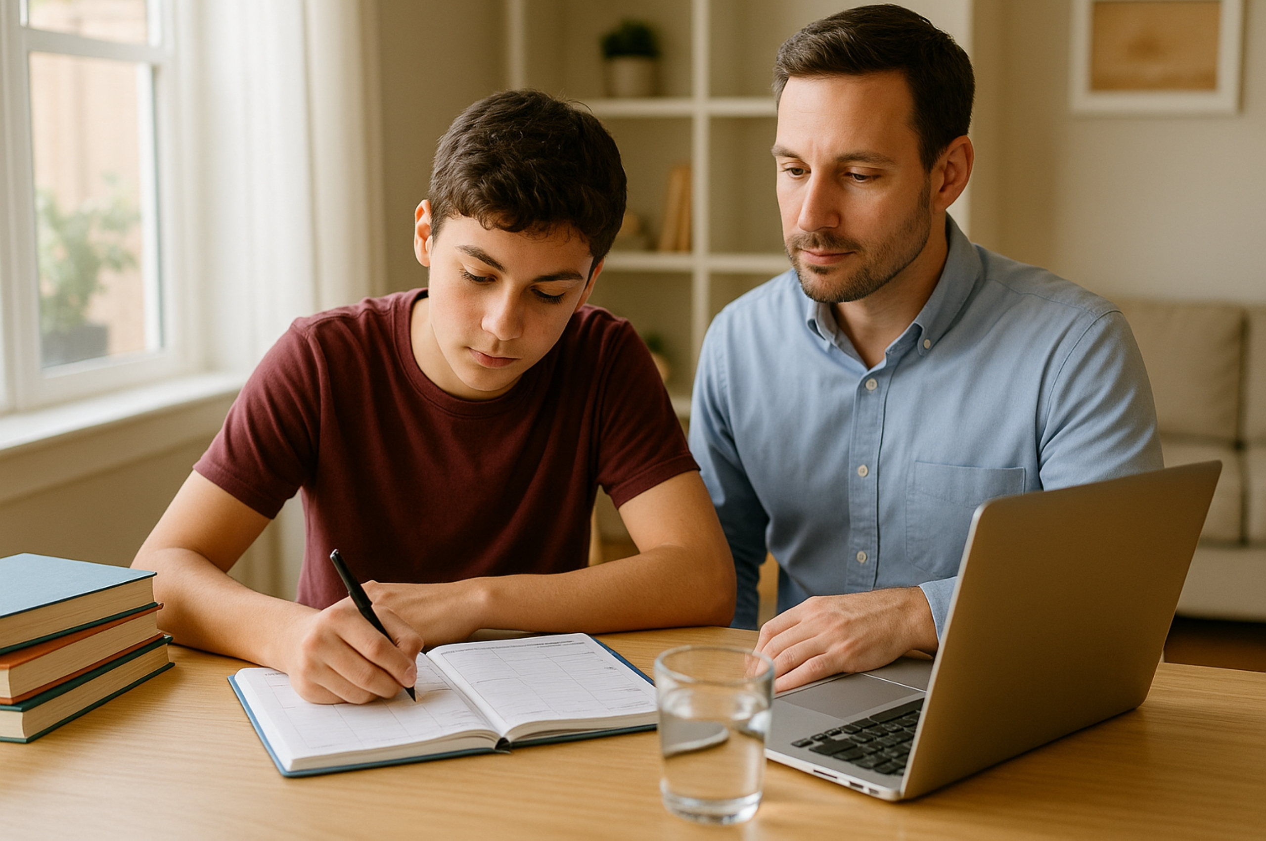 Tutor teaching time management skills to American student online.